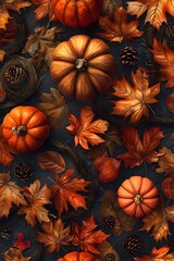 Poster - Autumnal Still Life with Maple Leaves,Carved Pumpkins,and Woven Twigs in Vibrant Seasonal Tones