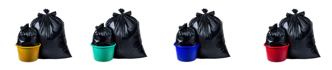 set of black trash bags isolated on white or transparent png