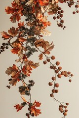 Canvas Print - Elegant Autumnal Garland with Cascading Oak Leaves,Rosemary Sprigs,and Acorn Clusters on Neutral Background