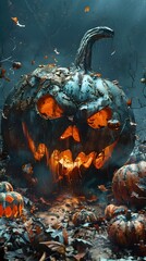 Sticker - Eerie Jack-o'-Lanterns and Gourds in Exaggerated Expressions,Dramatic Harvest Moon Masquerade