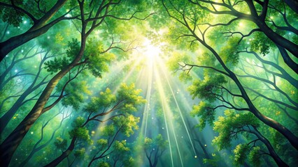 Canvas Print - Sunlight streaming through a dense forest canopy.