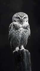 Wall Mural - Majestic Owl Perched on Weathered Wooden Post with Piercing Gaze and Autumn Hues in Black and White Photography