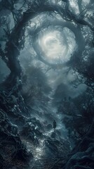 Canvas Print - Solitary Traveler's Enigmatic Journey Through Twisted Moonlit Forest