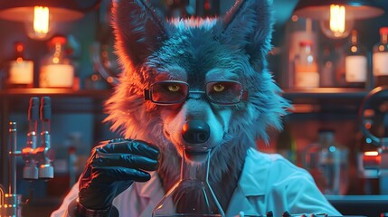 Canvas Print - Visionary Wolf Scientist Conducts Groundbreaking Experiment in Futuristic Laboratory