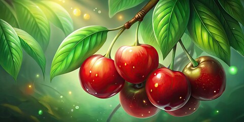 Wall Mural - Fresh red cherries hanging from a tree branch.