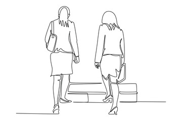 Wall Mural - Continuous one line drawing back view of young happy business women talking to her colleagues when walking on office stairs. Business conversation. Single line draw design vector graphic illustration