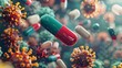 © Vector Market - Medicine capsule suspended in mid-air with various viruses. Pill inside the body preparing to attack viruses and bacteria. Concept: Health, treatment