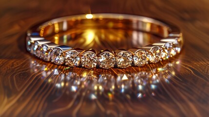 /imagine A set of gold rings each featuring different cuts of diamonds, arranged in a circular pattern on a polished wooden table with light reflections.