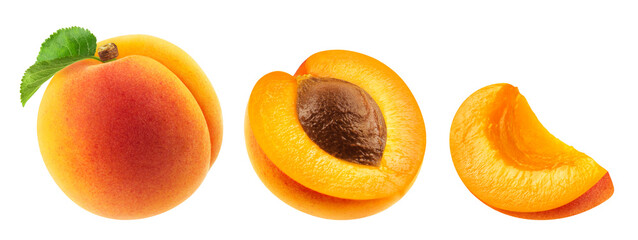 Wall Mural - set of whole apricot, half and slice of apricot isolated on a transparent background.