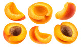 Set of apricot slices and halves of the fruit isolated on a transparent background.