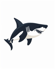 Cartoon style black and white killer shark underwater ocean apex predator swimming. Full hd illustration design art on white background generative ai