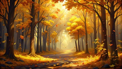 Poster - Sunlit path through an autumn forest.