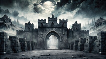 Poster - Medieval castle gate in a foggy landscape.