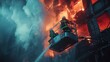 © decorator - Firefighters using lift to extinguish building fire in cinematic style   realistic image