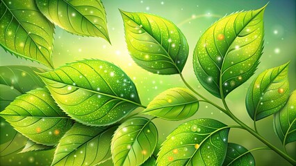 Wall Mural - Dew-covered green leaves in sunlight.