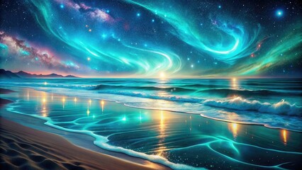 Wall Mural - Aurora borealis over a calm ocean shore.