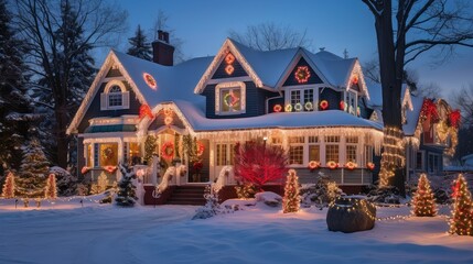 Wall Mural - twinkling house with christmas lights outside