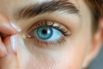 young beautiful woman while inserting a contact lens in her blue eye. ai generative