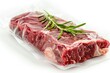 © Anna - Fresh raw beef ribeye steak sealed in a vacuum pack Isolated on white background. ai generative