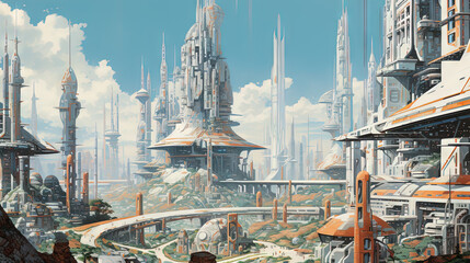 Poster - Science fiction landscape with retro futuristic sunny city on the vintage sci-fi planet.