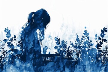 Poster - DJ silhouette performing with blue and white leaves creating a natural scene