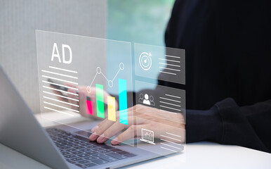 Wall Mural - digital marketing strategy analysis concept. businessman analyzing digital advertising data and seo 