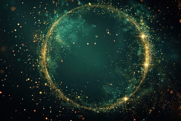 Wall Mural - green color circle frame firework confetti of light golden spark particles on black background. ai generative