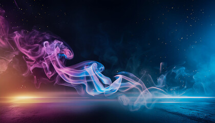 Neon colored smoke flying in outer space, with small flying particles of light, on a black background, with empty place for inscription