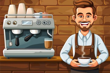 Sticker - Cartoon illustration of a barista standing next to a coffee machine in a café