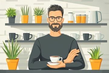 Sticker - Man sitting in a modern café with coffee cup and plants in the background