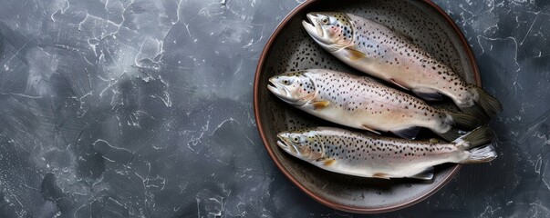 Wall Mural - A fish is on a plate with herbs and spices. The fish is cut in half and is surrounded by parsley and pepper. Free copy space for text.