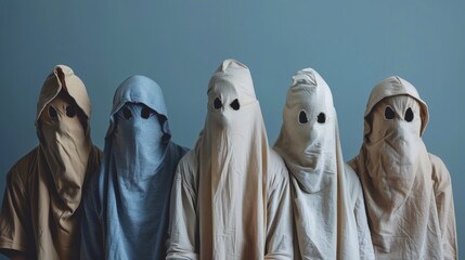 A group of people are wearing hooded robes and have their faces covered