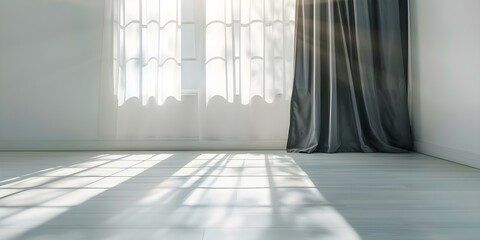 Wall Mural - Cream room bathed in sunlight with shadows streaming through black window curtains. Concept Cream room, Sunlight, Shadows, Black Curtains, Interior Design
