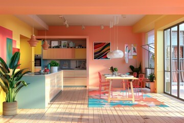 Wall Mural - a modern kitchen in orange and yellow tones.