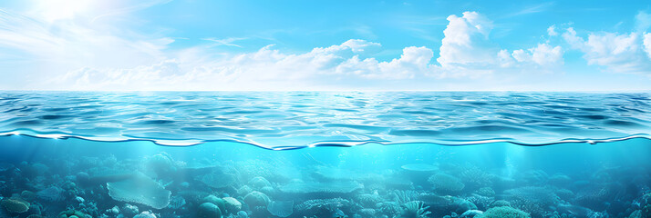 blue sea or ocean water surface and underwater with blue sky