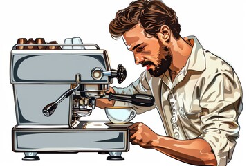 Sticker - Barista operating a professional espresso machine with a focused expression