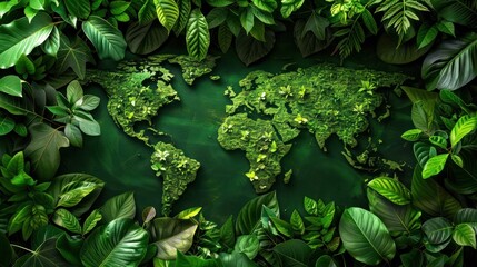 Canvas Print - World Map Made of Green Moss Surrounded by Lush Leaves