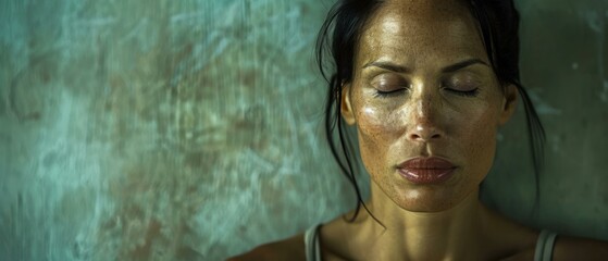 Canvas Print - Close-up portrait of a young woman with her eyes closed. AI.