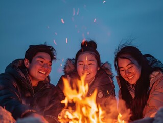 Canvas Print - Three friends enjoying a bonfire on a cold winter night. AI.