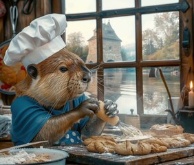 Wall Mural - A beaver chef is whisking a bowl of ingredients while wearing a white chef's hat and a blue apron. AI.