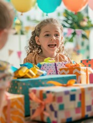 Wall Mural - Excited little girl opening presents on her birthday. AI.