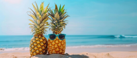 Wall Mural - two pineapples with sunglasses on the beach, ocean in background, banner for social media post, copy space Generative AI