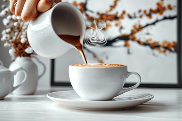 Sticker - Pouring coffee into a cup with a blurred background of autumn leaves