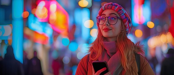 Beautiful Young Woman Using Smartphone Standing on Night City Street Full with Neon Lights