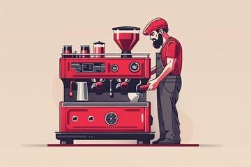 Sticker - Cartoon barista in a red uniform operating a large espresso machine