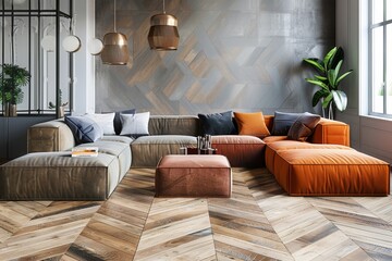 Wall Mural - Interior of modern living room with grey walls, wooden floor, orange sofa and coffee table.