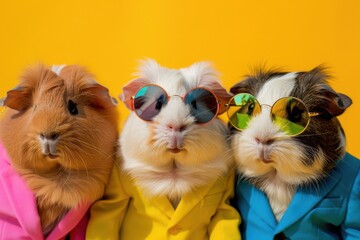 Small brown and white guinea pigs are wearing sunglasses and suits.