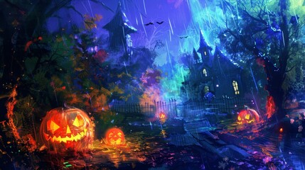 Wall Mural - Enchanting Halloween Night: Digital Art of Glowing Lights and Vibrant Colors at Eye Level