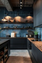 Wall Mural - modern kitchen in loft style with dark blue wall