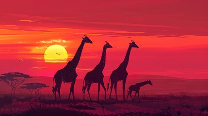 setting sun herd giraffes africa animal background beauty black cloud colors dawn desert dusk environment family giraffe horizon illustration kenya land landmark landscape nature orange park red.